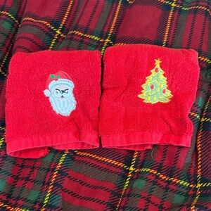 Festive Red Hand Towels with Santa and Christmas Tree
